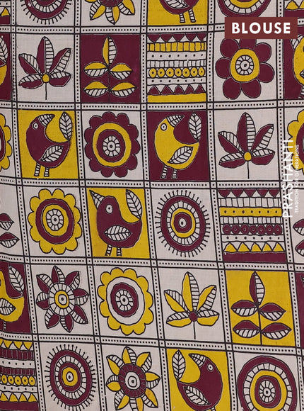 Semi mangalagiri cotton saree black and wine beige with plain body and long zari woven kalamkari printed border & blouse