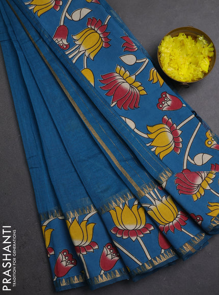 Semi mangalagiri cotton saree peacock blue with plain body and long zari woven kalamkari printed border & blouse