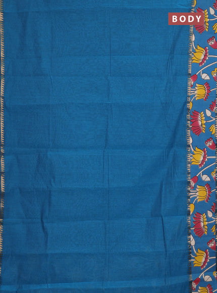 Semi mangalagiri cotton saree peacock blue with plain body and long zari woven kalamkari printed border & blouse