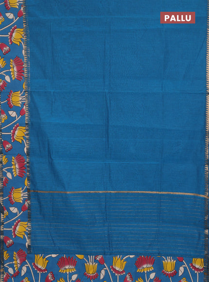 Semi mangalagiri cotton saree peacock blue with plain body and long zari woven kalamkari printed border & blouse
