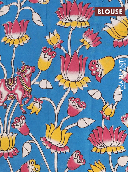 Semi mangalagiri cotton saree peacock blue with plain body and long zari woven kalamkari printed border & blouse