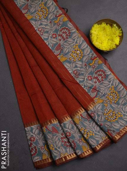 Semi mangalagiri cotton saree rust shade and grey with plain body and long zari woven kalamkari printed border & blouse