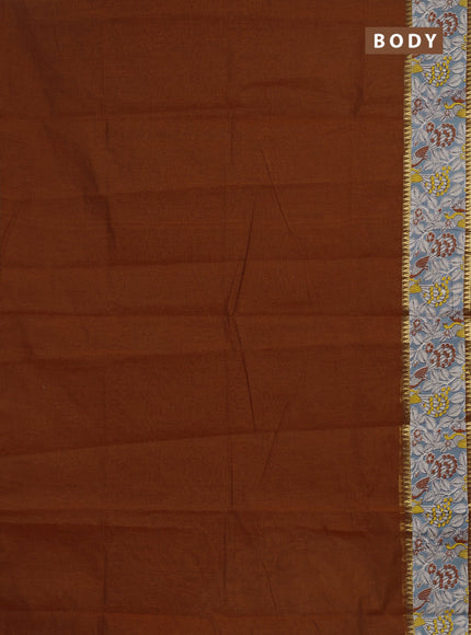 Semi mangalagiri cotton saree rust shade and grey with plain body and long zari woven kalamkari printed border & blouse