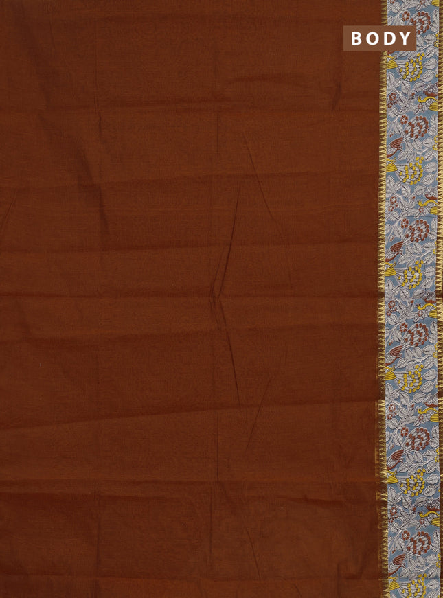 Mangalagiri cotton saree rust shade and grey with plain body and long zari woven kalamkari printed border & blouse
