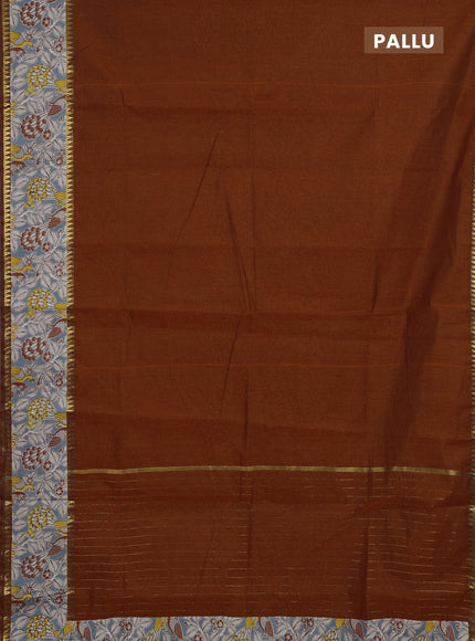 Semi mangalagiri cotton saree rust shade and grey with plain body and long zari woven kalamkari printed border & blouse