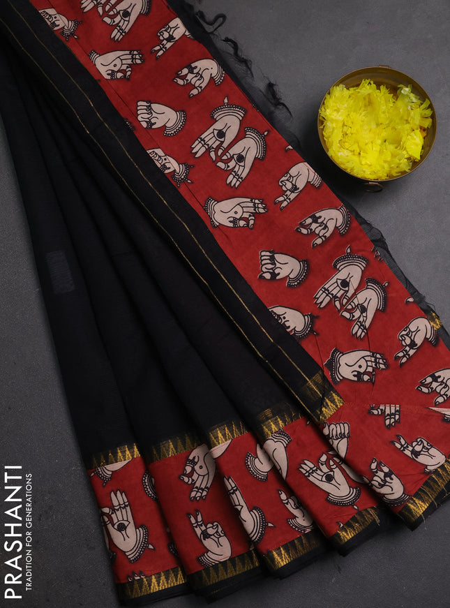 Mangalagiri cotton saree black and maroon with plain body and long zari woven kalamkari printed border & blouse