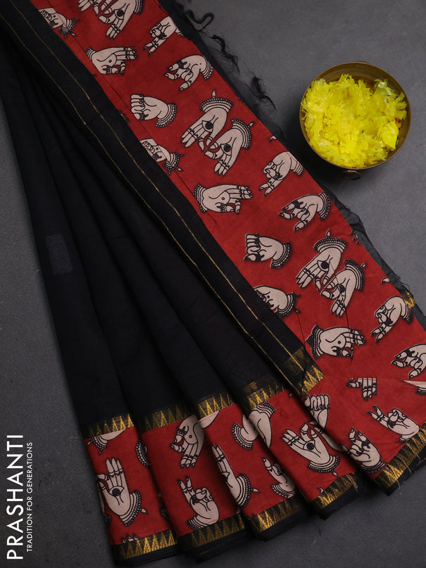 Mangalagiri cotton saree black and maroon with plain body and long zari woven kalamkari printed border & blouse