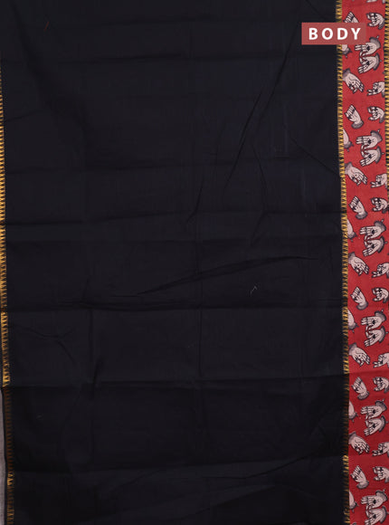 Semi mangalagiri cotton saree black and maroon with plain body and long zari woven kalamkari printed border & blouse
