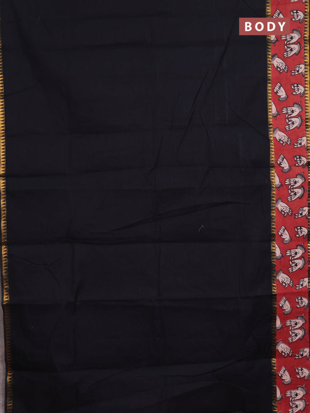 Mangalagiri cotton saree black and maroon with plain body and long zari woven kalamkari printed border & blouse