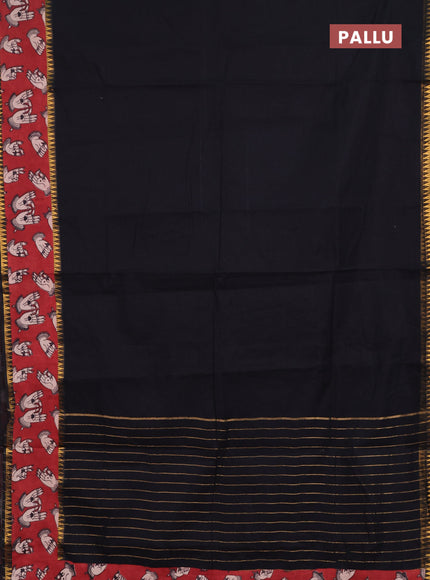 Semi mangalagiri cotton saree black and maroon with plain body and long zari woven kalamkari printed border & blouse