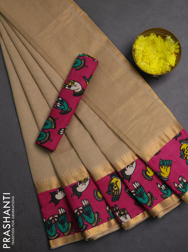 Mangalagiri cotton saree beige and pink with plain body and long zari woven kalamkari printed border & blouse