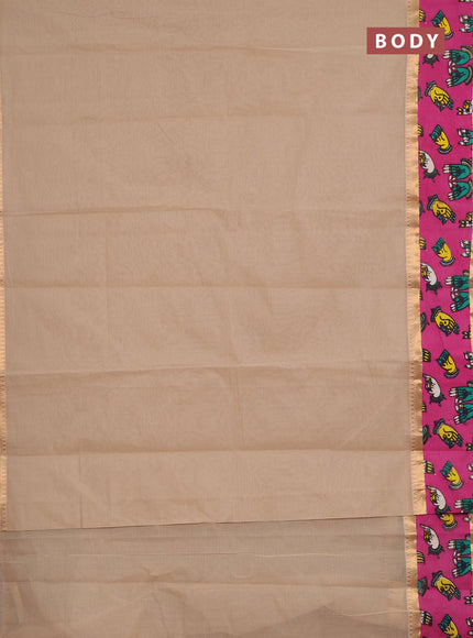 Semi mangalagiri cotton saree beige and pink with plain body and long zari woven kalamkari printed border & blouse