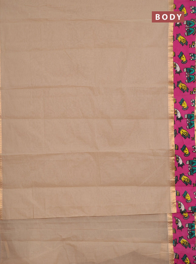 Mangalagiri cotton saree beige and pink with plain body and long zari woven kalamkari printed border & blouse