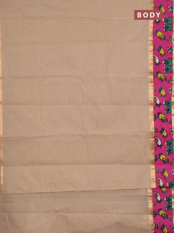 Mangalagiri cotton saree beige and pink with plain body and long zari woven kalamkari printed border & blouse