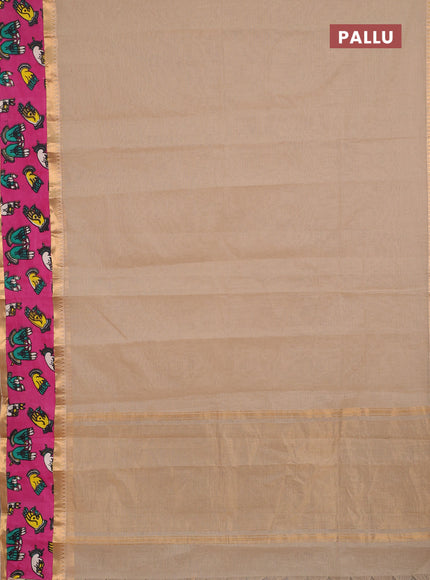 Semi mangalagiri cotton saree beige and pink with plain body and long zari woven kalamkari printed border & blouse