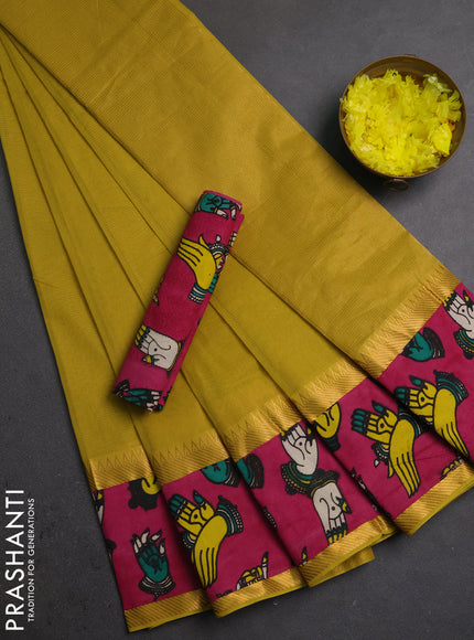 Semi mangalagiri cotton saree mustard yellow and pink with plain body and long zari woven kalamkari printed border & blouse