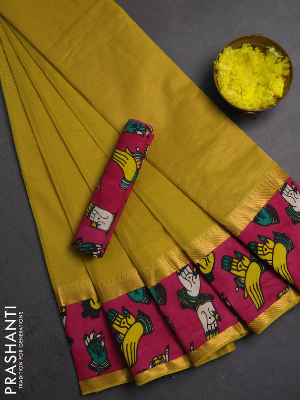 Mangalagiri cotton saree mustard yellow and pink with plain body and long zari woven kalamkari printed border & blouse