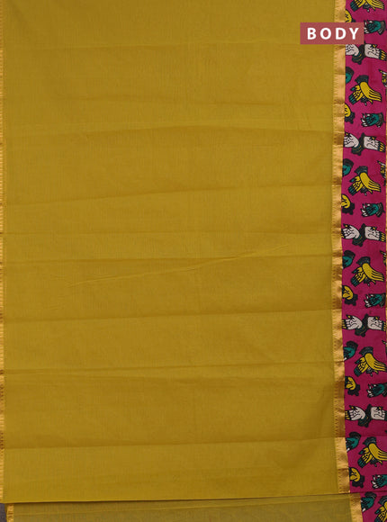Semi mangalagiri cotton saree mustard yellow and pink with plain body and long zari woven kalamkari printed border & blouse