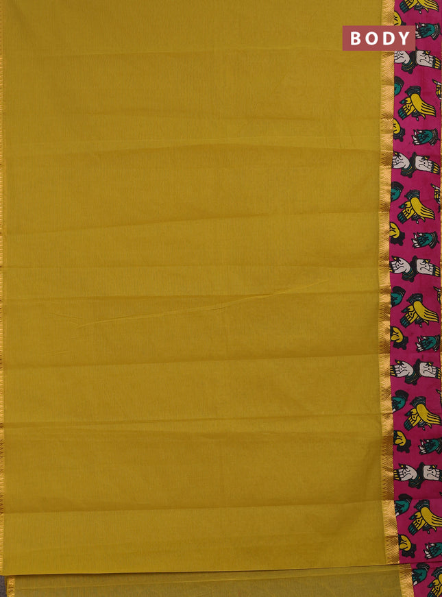 Mangalagiri cotton saree mustard yellow and pink with plain body and long zari woven kalamkari printed border & blouse