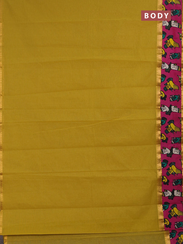 Mangalagiri cotton saree mustard yellow and pink with plain body and long zari woven kalamkari printed border & blouse