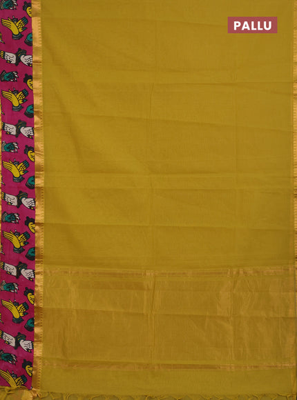 Semi mangalagiri cotton saree mustard yellow and pink with plain body and long zari woven kalamkari printed border & blouse