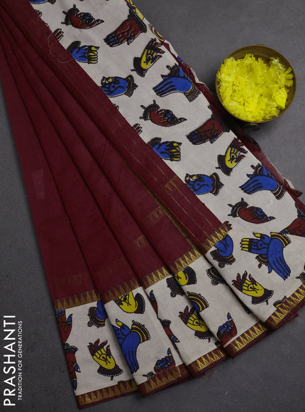 Semi mangalagiri cotton saree maroon and beige with plain body and long zari woven kalamkari printed border & blouse