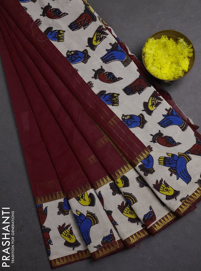 Mangalagiri cotton saree maroon and beige with plain body and long zari woven kalamkari printed border & blouse