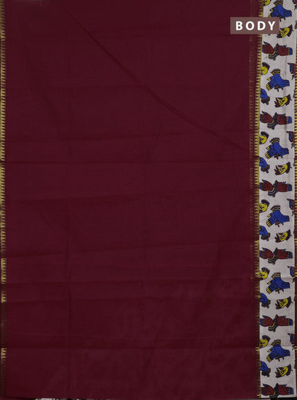 Semi mangalagiri cotton saree maroon and beige with plain body and long zari woven kalamkari printed border & blouse