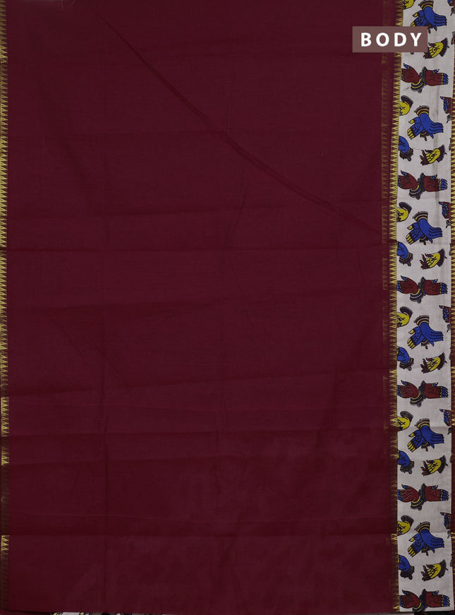 Mangalagiri cotton saree maroon and beige with plain body and long zari woven kalamkari printed border & blouse