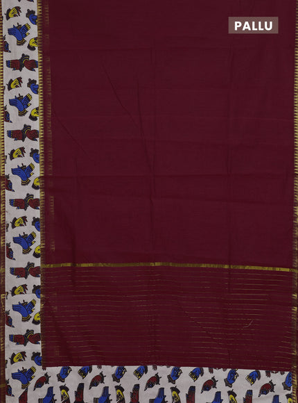 Semi mangalagiri cotton saree maroon and beige with plain body and long zari woven kalamkari printed border & blouse