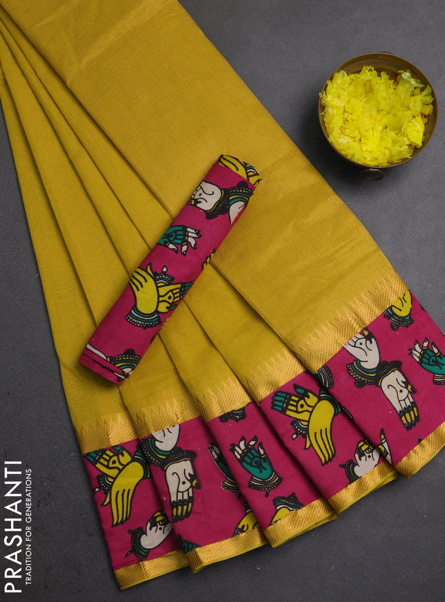 Mangalagiri cotton saree lime yellow and pink with plain body and long zari woven kalamkari printed border & blouse