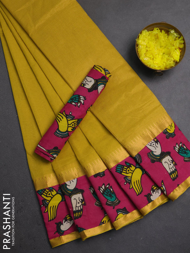 Mangalagiri cotton saree lime yellow and pink with plain body and long zari woven kalamkari printed border & blouse