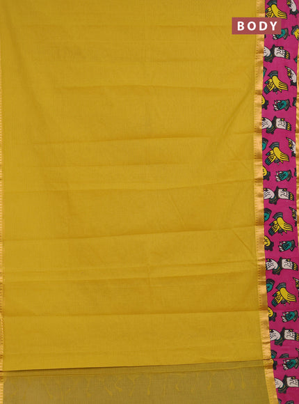Semi mangalagiri cotton saree lime yellow and pink with plain body and long zari woven kalamkari printed border & blouse