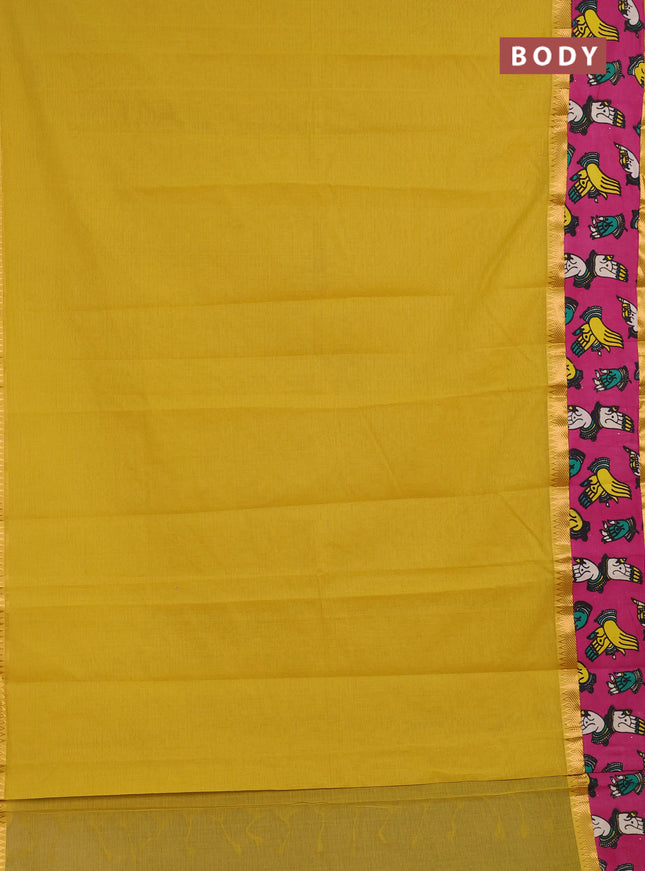Mangalagiri cotton saree lime yellow and pink with plain body and long zari woven kalamkari printed border & blouse