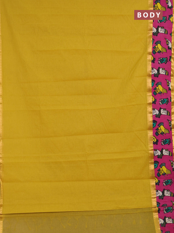 Mangalagiri cotton saree lime yellow and pink with plain body and long zari woven kalamkari printed border & blouse