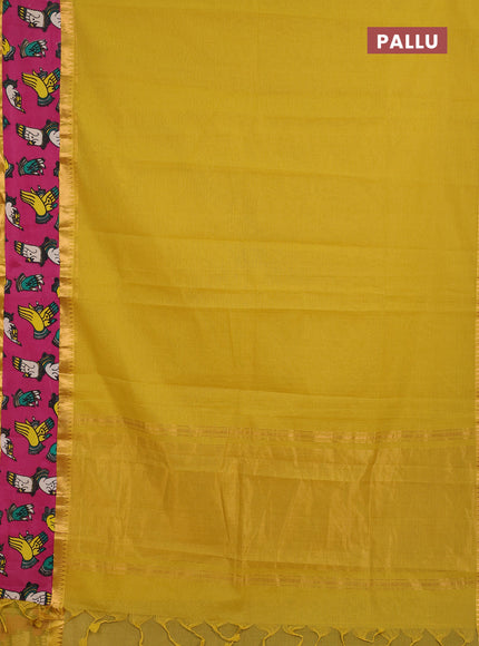Semi mangalagiri cotton saree lime yellow and pink with plain body and long zari woven kalamkari printed border & blouse