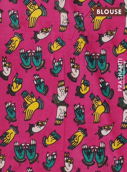 Semi mangalagiri cotton saree lime yellow and pink with plain body and long zari woven kalamkari printed border & blouse
