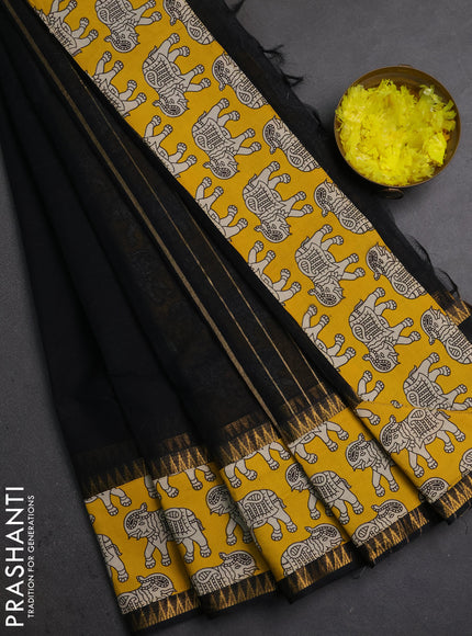Semi mangalagiri cotton saree black and mustard yellow with plain body and long zari woven kalamkari printed border & blouse