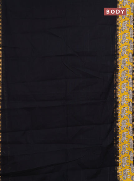 Semi mangalagiri cotton saree black and mustard yellow with plain body and long zari woven kalamkari printed border & blouse