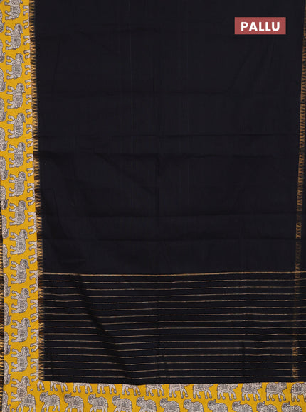 Semi mangalagiri cotton saree black and mustard yellow with plain body and long zari woven kalamkari printed border & blouse