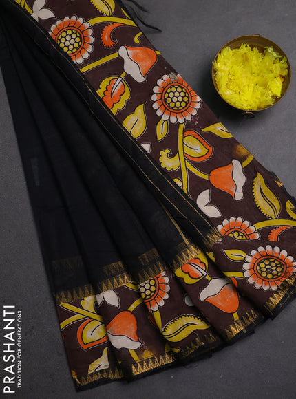 Semi mangalagiri cotton saree black and coffee brown with plain body and long zari woven kalamkari printed border & blouse