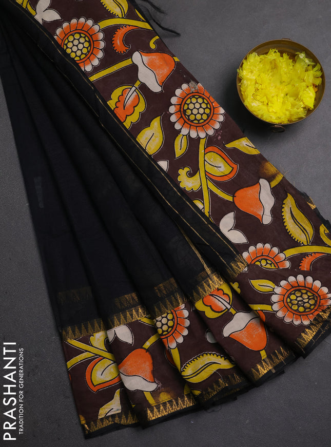 Mangalagiri cotton saree black and coffee brown with plain body and long zari woven kalamkari printed border & blouse