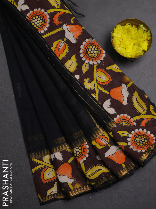 Mangalagiri cotton saree black and coffee brown with plain body and long zari woven kalamkari printed border & blouse