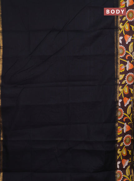 Semi mangalagiri cotton saree black and coffee brown with plain body and long zari woven kalamkari printed border & blouse