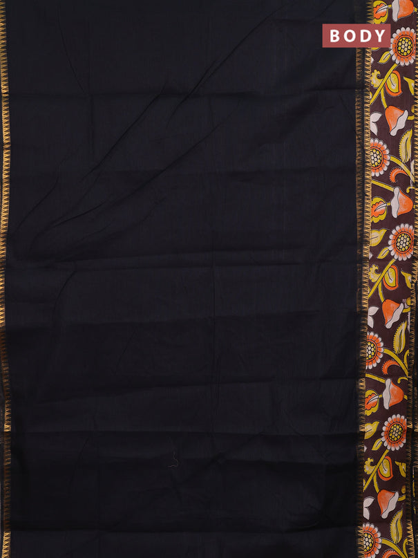 Mangalagiri cotton saree black and coffee brown with plain body and long zari woven kalamkari printed border & blouse