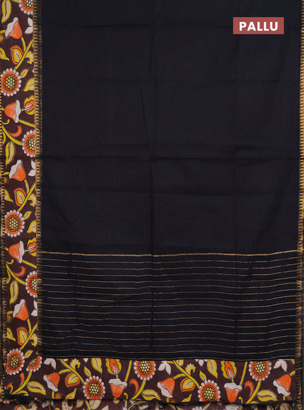 Semi mangalagiri cotton saree black and coffee brown with plain body and long zari woven kalamkari printed border & blouse