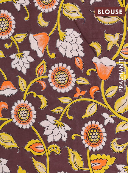 Semi mangalagiri cotton saree black and coffee brown with plain body and long zari woven kalamkari printed border & blouse
