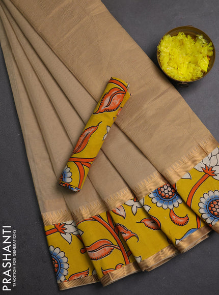 Semi mangalagiri cotton saree beige and yellow with plain body and long zari woven kalamkari printed border & blouse