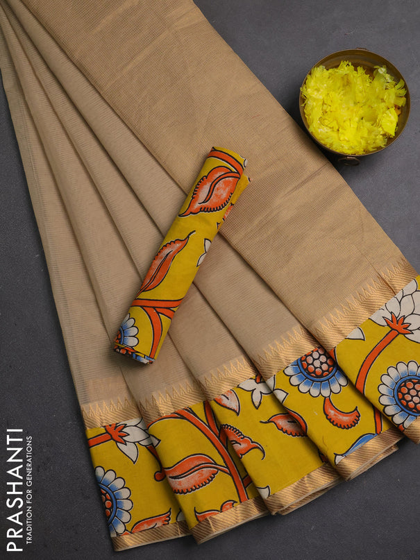 Mangalagiri cotton saree beige and yellow with plain body and long zari woven kalamkari printed border & blouse