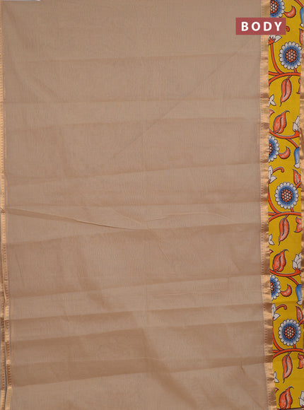 Semi mangalagiri cotton saree beige and yellow with plain body and long zari woven kalamkari printed border & blouse